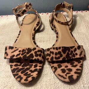 Tan and black leopard print sandals with one inch heel